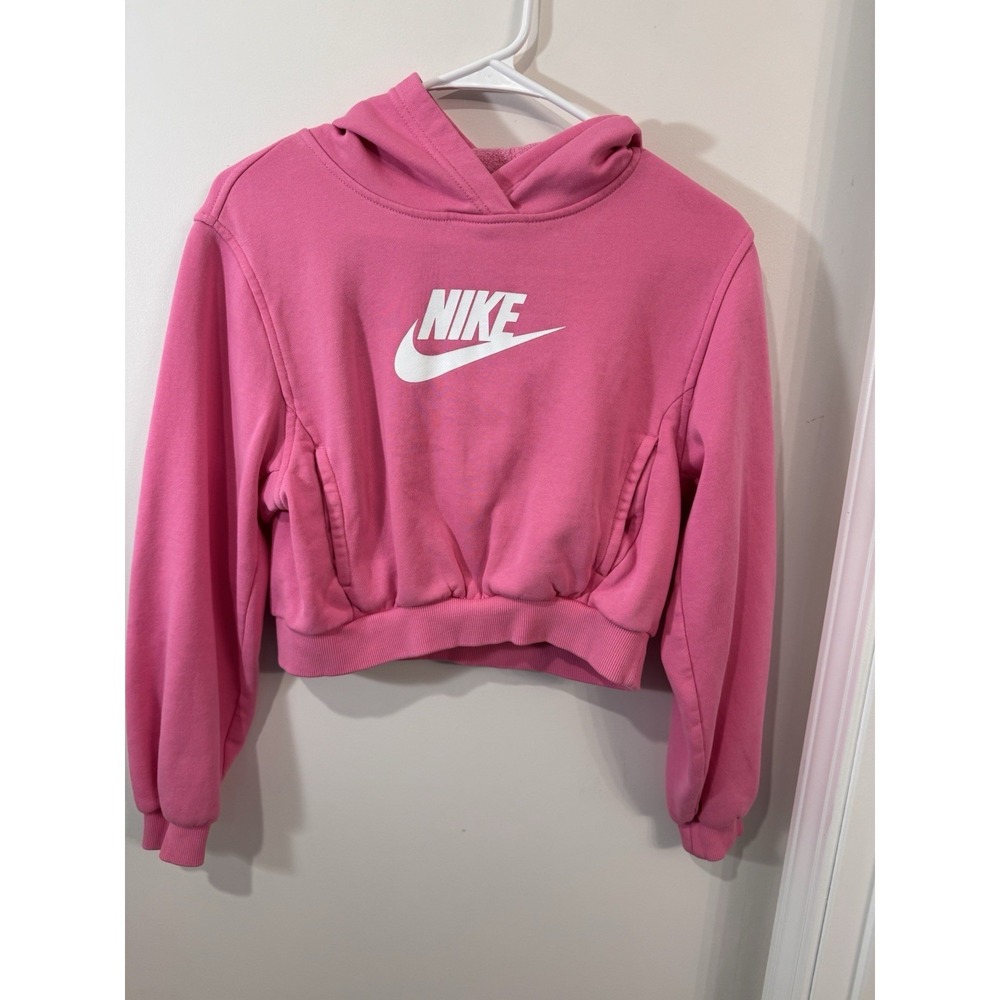 Nike Pullover Hoodie Sweatshirt Youth Girls Large Pink Logo Long Sleeve‎ Cropped
